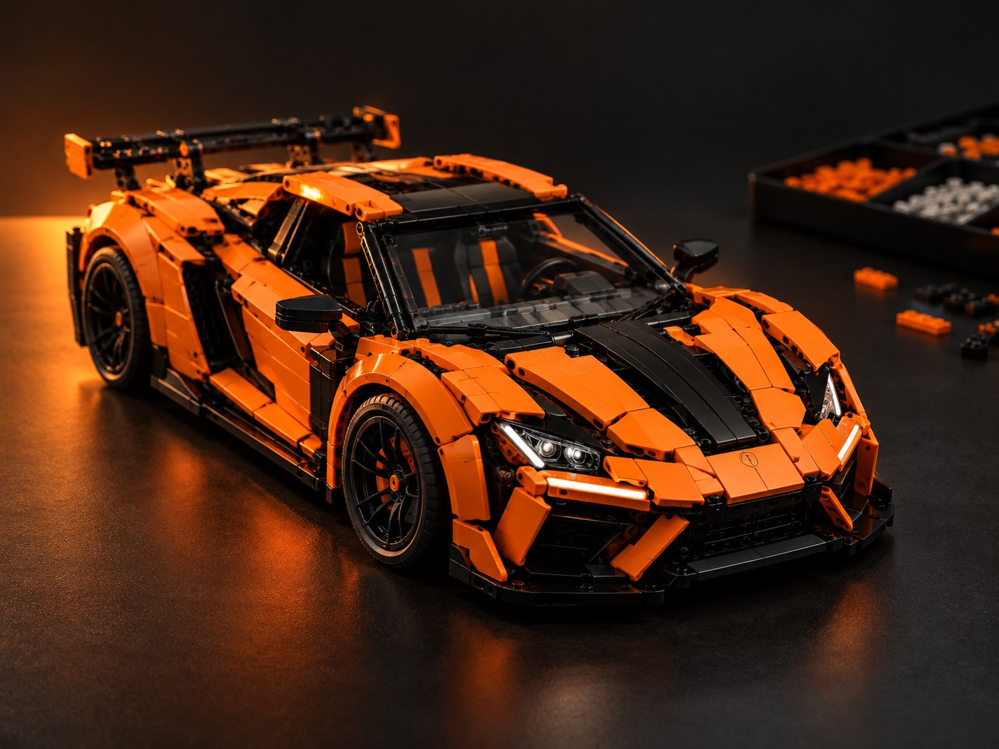 An orange and black brick-built sports car.